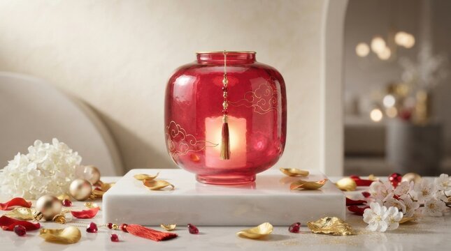 Red glass vase on a stone pedestal with flower petals and cinnamon sticks