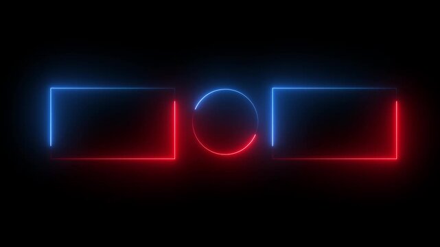 glowing red and blue icon square rectangle picture frame icon animation shape frame rotation footage round,  and  square on black background animation. on Motion graphics of concept 4k video.