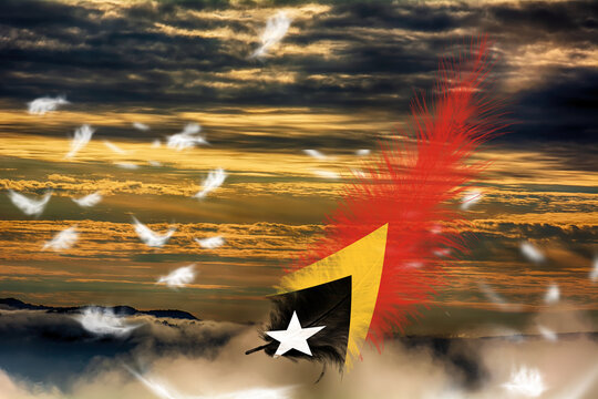3D illustration. Flag of East Timor on a feathers fluttering in the sky background.