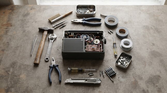 Vintage radio repair workshop, antique electronics restoration with hand tools, flat lay of disassembled retro device on workbench