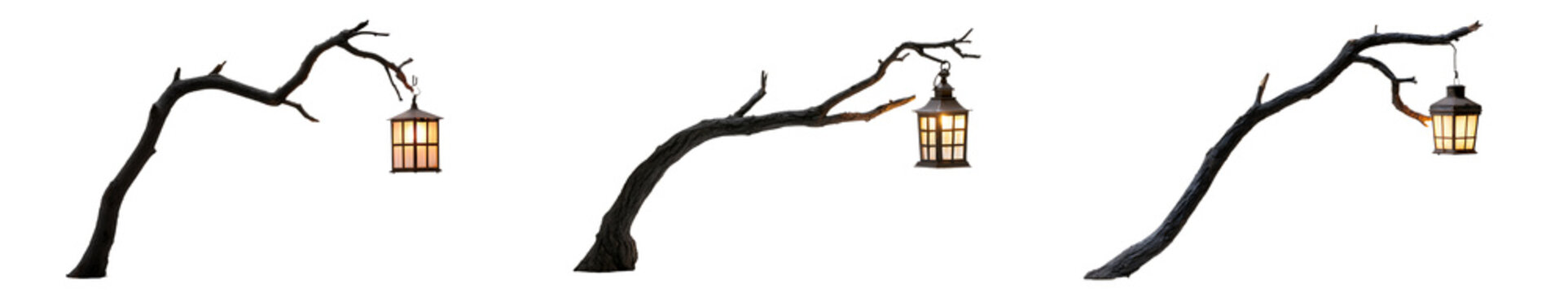 Set of dark decorative tree branches with glowing vintage lanterns isolated on transparent background