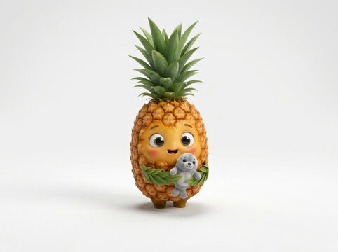 Adorable pineapple character cuddling cute grey seal pup for marine life conservation or animal theme background design project.
