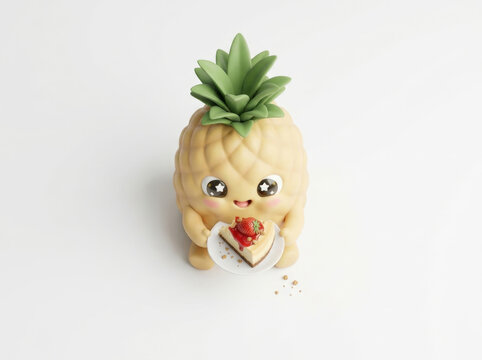 Adorable pineapple character holding plate with strawberry cheesecake slice for sweet dessert menu or restaurant food advertisement.