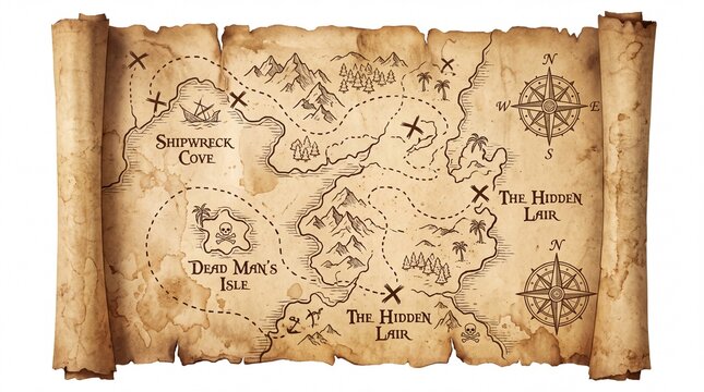 Old pirate treasure map on vintage paper scroll