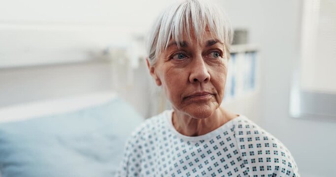 Patient, thinking and elderly woman on hospital bed for healthcare, recovery hope and wellness. ICU ward, sick and senior person with rehabilitation reflection, deep thoughts or wait for results