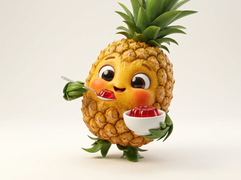 Adorable pineapple mascot character holding white bowl with red jelly and spoon prepared for eating healthy fruit snack concept.