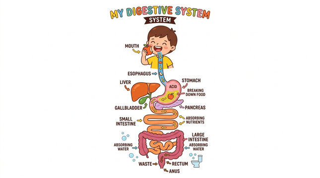 Educational Cartoon Illustration of the Human Digestive System Anatomy for Children