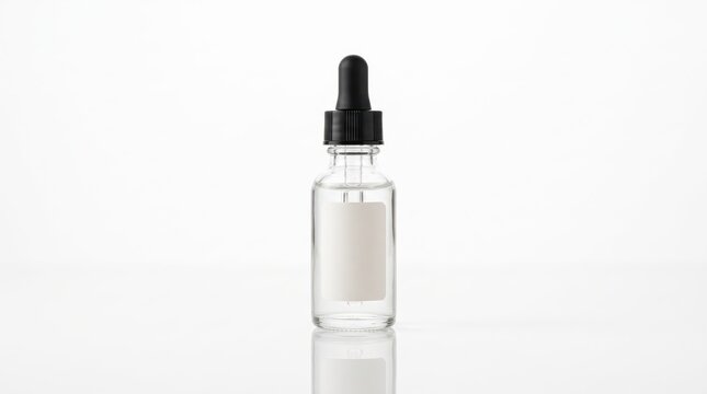 Clear glass dropper bottle mockup, empty cosmetic serum or essential oil container with blank label for branding design, minimalist product packaging template with reflection