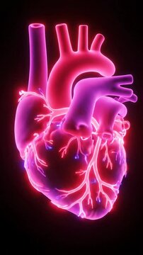 Glowing neon human heart anatomy illustration with vibrant pink and purple light against a dark background