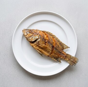 Whole deep-fried crispy fish served on a clean white ceramic plate, top-down view isolated on a light grey concrete background.