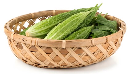 Obraz premium Fresh green bitter melons and leaves are neatly arranged in a rustic woven bamboo basket, presented on a stark white background, highlighting healthy eating, Asian cuisine, and organic produce.
