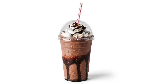 A creamy chocolate milkshake served in a clear plastic cup with a dome lid and straw, isolated on a white background for a clean look, restaurant, refreshing, white