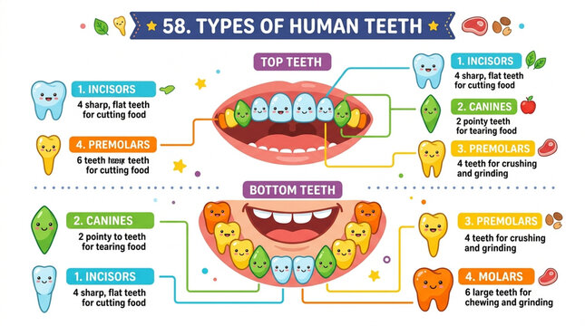 Educational Infographic of Types of Human Teeth for Kids with Cute Cartoon Characters
