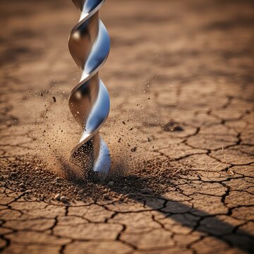 A detailed macro shot shows a powerful steel drill bit penetrating deep into dry, textured earth, churning up soil and dust particles, geology, foundation, mechanic