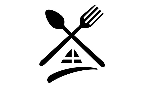 Restaurant home kitchen logo icon featuring crossed spoon fork and house roof graphic design vector