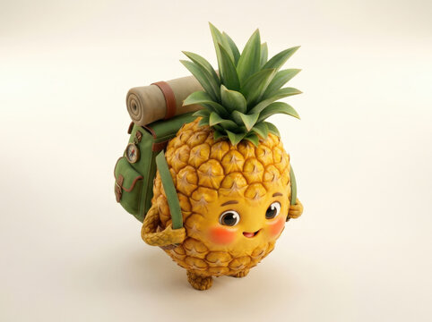Adventurous pineapple character wearing green hiking backpack and travel equipment ready for outdoor journey on white background.