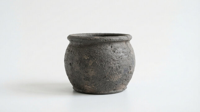 Rustic hand-crafted dark brown ceramic clay pot with rough textured surface, isolated on a clean white background for artisan craft design.