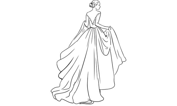 Elegant bride in luxury backless flowing wedding dress back view line art vector illustration