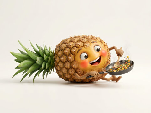 Animated pineapple character frying small diced pieces in miniature cooking pan demonstrating culinary skills for food concept.