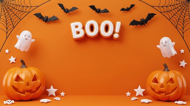 Boo halloween celebration background with jack olantern pumpkins cute ghosts bats on orange carved pumpkins jack olanterns spooky season halloween party holiday banner halloween pumpkins