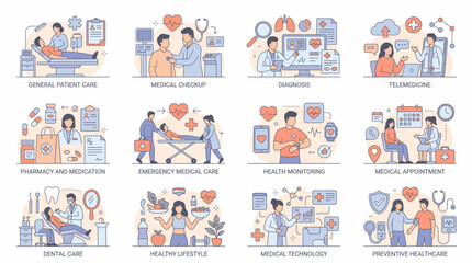 Naklejka premium Comprehensive Healthcare and Medical Services Icon Set Illustration, Including Telemedicine, Dental Care, Emergency Services, and Pharmacy Concepts in Modern Flat Line Style