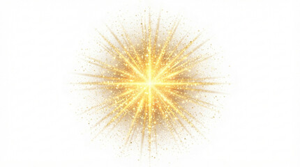 Fototapeta premium Sparkling golden starburst element featuring glowing light rays and shimmering glitter particles isolated against a plain white background for design overlay.