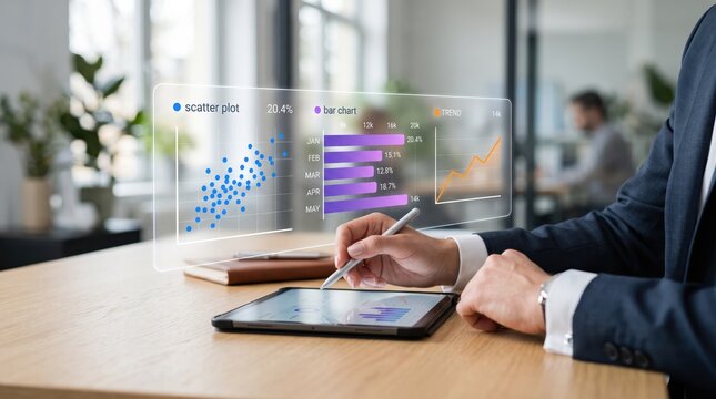 Businessman analyzing futuristic hologram data charts on tablet, augmented reality technology interface, financial growth graph visualization, scatter plot and bar chart statistics