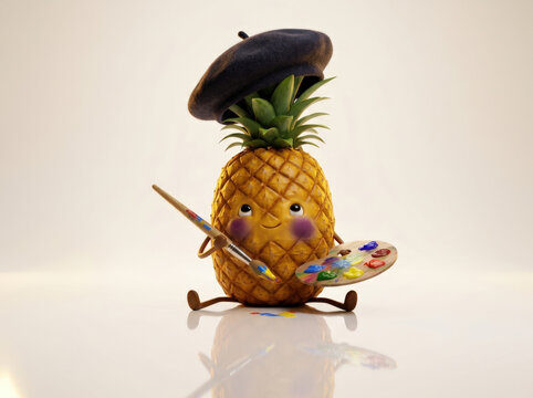 Artistic pineapple character wearing black beret holding paintbrush and wooden palette for creative design education concepts.