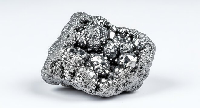A heavy piece of natural zinc ore with a crystalline texture and metallic grey surface is isolated on a bright white studio background, studio, geological, background