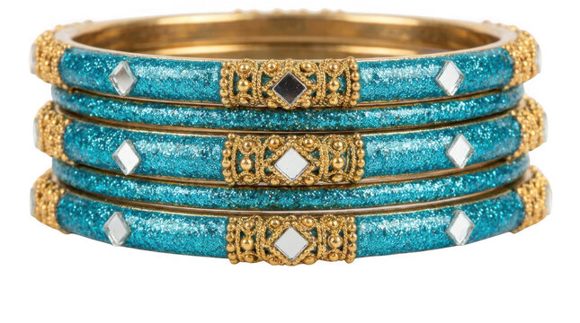 Set of shiny blue glitter indian traditional bangles isolated on transparent background