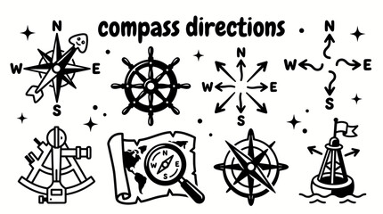 Fototapeta premium compass directions featuring north south east west cardinal points compass roses navigation symbols directional markers route indicators and geographic orientation elements for maps travel navigation