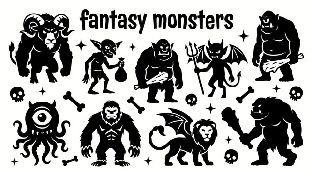 fantasy monsters featuring horned creatures giant beasts winged demons trolls goblins ogres and imaginative mythical beings vector illustration set for fantasy games adventure stories entertainment