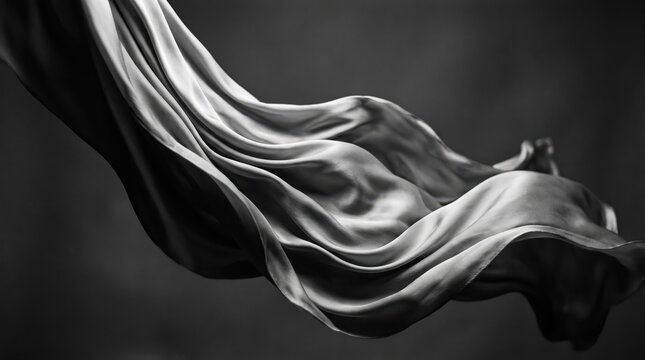 Abstract black and white photography of flowing silk fabric in motion, elegant texture with smooth curves and soft folds, artistic composition representing fluidity and grace