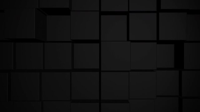 Dark 3D abstract wall composed of tightly arranged black rectangular panels and blocks, with subtle depth, seams, shadows