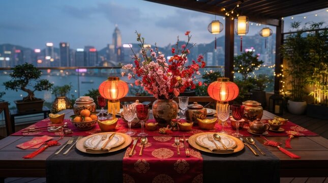 Festive dinner table set for celebration with city skyline at night