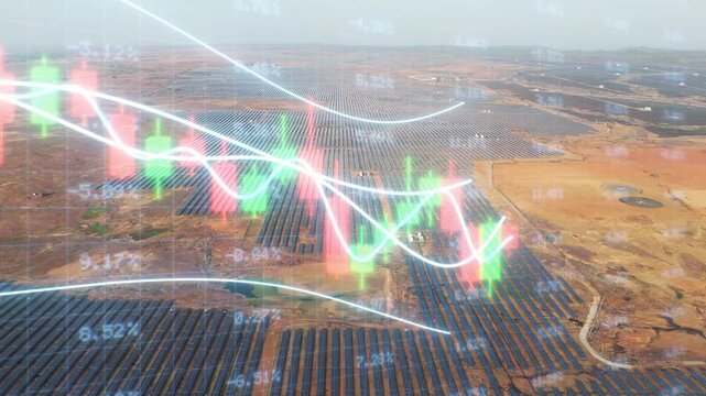 Aerial view of an expansive solar photovoltaic farm with financial market graphics, rising and falling indicators, and glowing data lines, illustrating renewable energy investment and clean technology