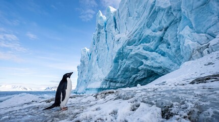 Adelie penguin standing near a massive blue glacier wall in antarctica © Nayab Graphics