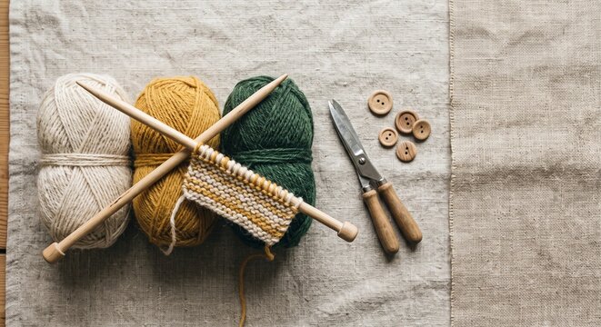 Cream, Mustard and Deep Green Yarn Balls with Wooden Knitting Needles on Coarse Linen