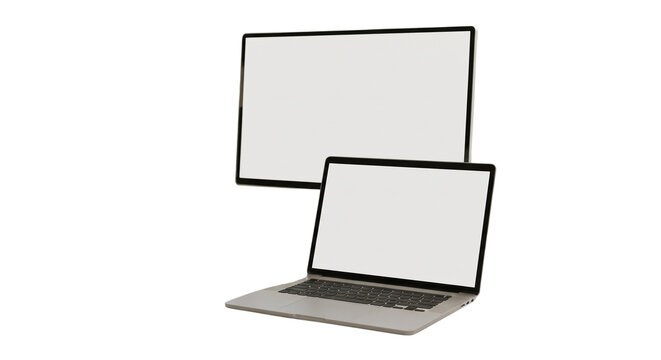 Modern laptop and monitor mockup, sleek silver computer with blank screen, professional dual display workstation for web design isolated PNG with Transparent Background