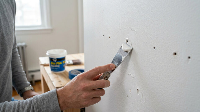 Close Up of Hand Repairing Drywall Hole with Putty Knife and Spackle