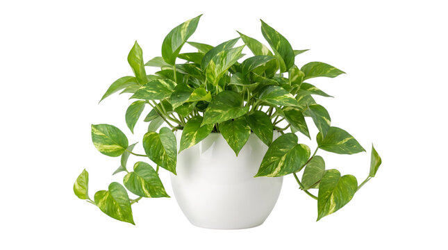 Golden pothos houseplant in white ceramic pot, vibrant epipremnum aureum indoor plant, lush green foliage for home decor isolated PNG with Transparent Background