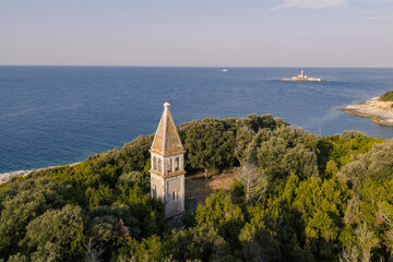 Aerial view of Remains Church of St. John on the island near town of Rovinj © Bokicbo
