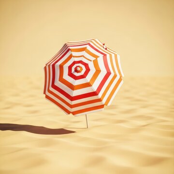 A vibrant retro beach scene featuring a classic striped parasol standing in golden sand under a bright sun with a warm vintage film grain, beach, bright, travel