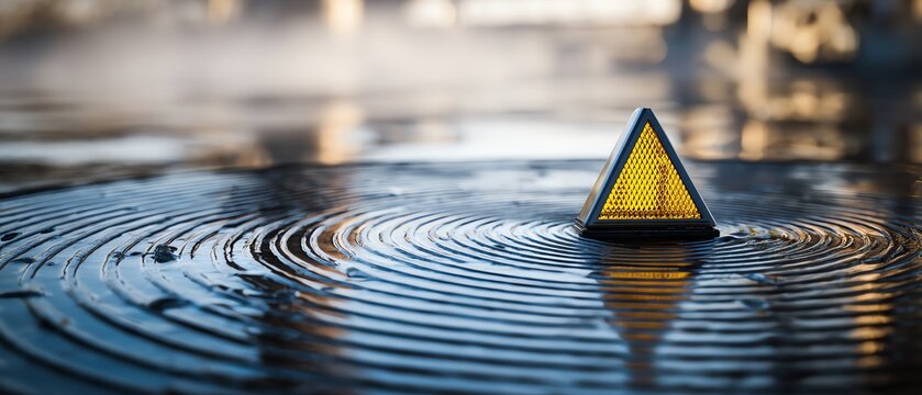 A triangular object floats on rippling water.