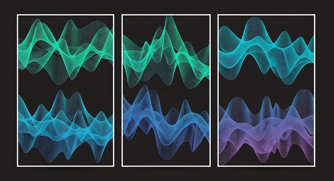 Set of colorful digital sound waveform frequency visualizations with waveform