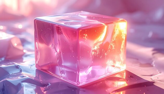 Glowing transparent cube with bright orange liquid inside.