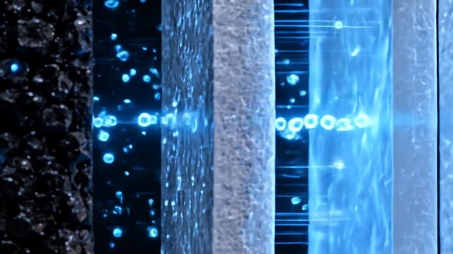 Futuristic visualization of a multilayer lithium ion battery with glowing particles moving through electrode, electrolyte, and separator layers. 