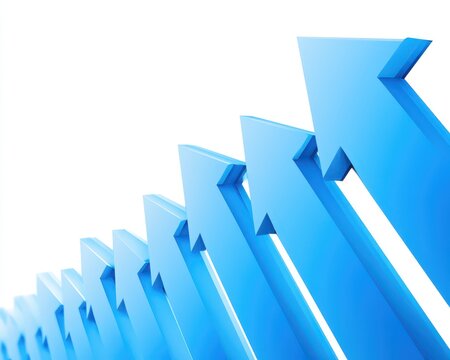 A series of blue 3d arrows pointing upwards in a diagonal formation, representing progress and growth isolated on white background