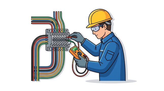Electrician Using Multimeter Testing Electrical Wiring in Industrial Setting for Safety Inspection