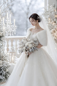 Beautiful Bride in Elegant Wedding Dress During Winter Season
